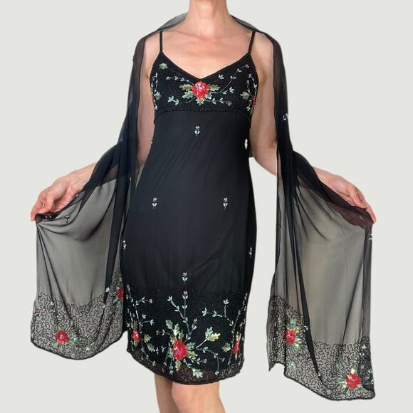 Sue Wong Dresses & Skirts - Sue Wong beaded silk floral slip dress with matching scarf wrap Nocturne 6